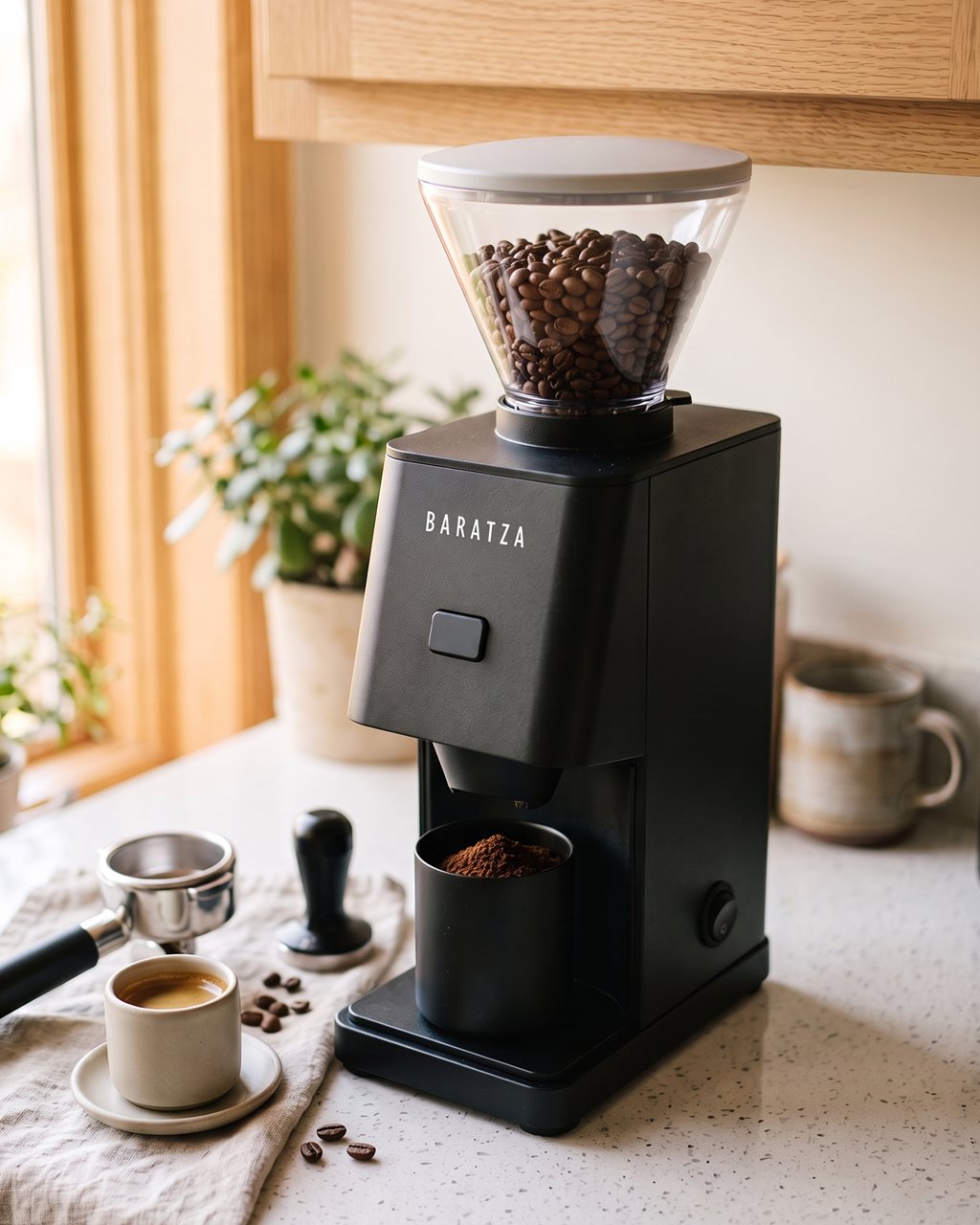 A black Baratza Encore ESP coffee grinder with a clear bean hopper on a speckled quartz counter, its dosing cup full of grounds, with a portafilter, tamper and espresso cup beside it.