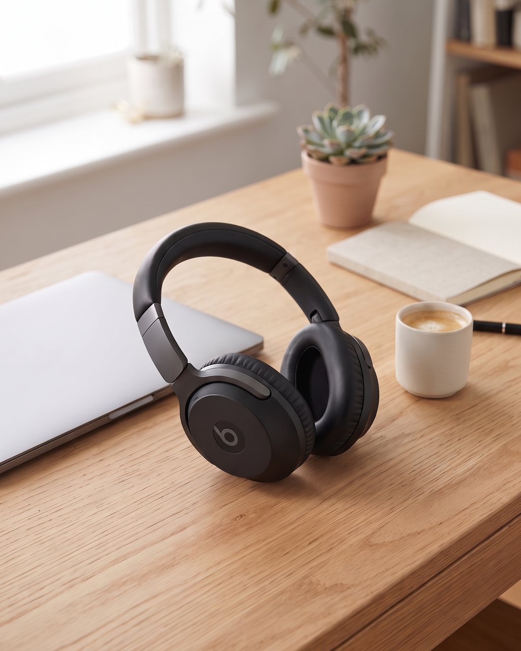 Black Beats Studio Pro over-ear headphones resting on a light oak desk beside a closed laptop, a latte cup, a succulent and a notebook.