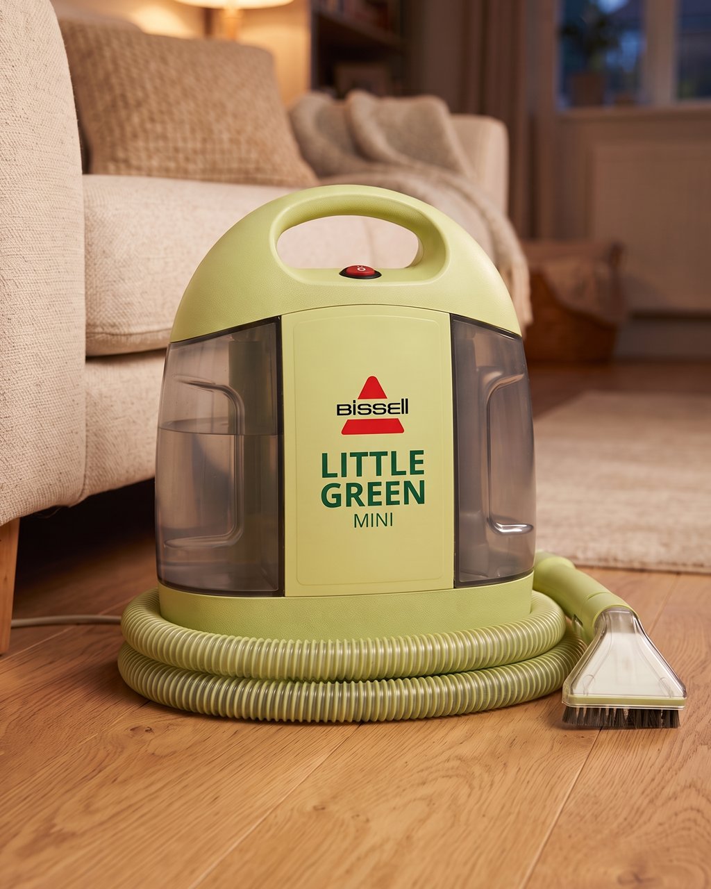 A pale green BISSELL Little Green Mini spot cleaner with its coiled hose on an oak floor beside a cream sofa.
