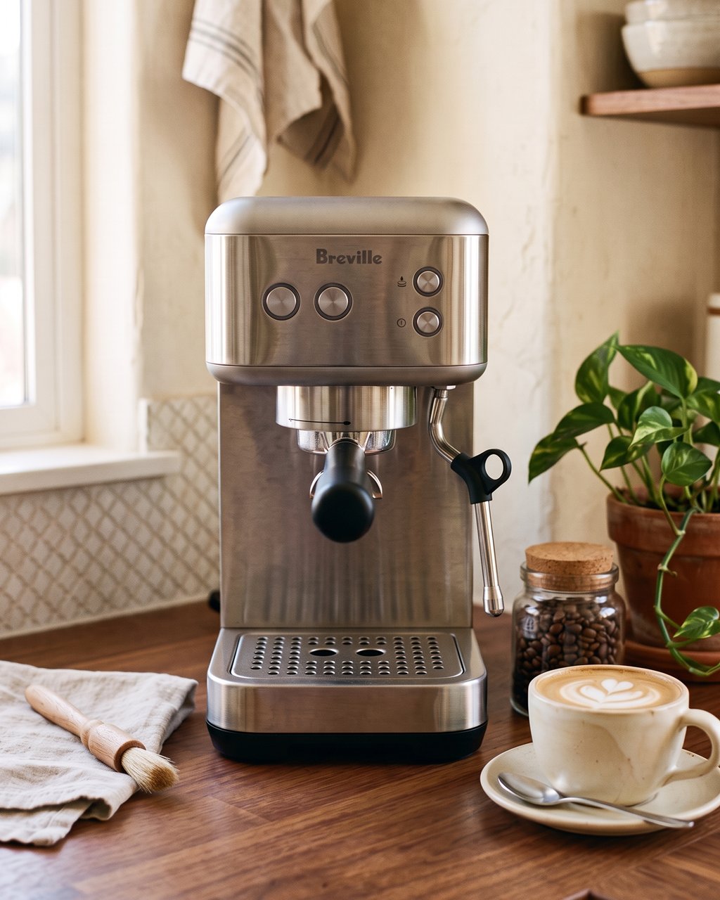 A Breville Bambino espresso machine in brushed stainless steel on a walnut counter, a latte with heart latte art, a jar of coffee beans and a pothos beside it.