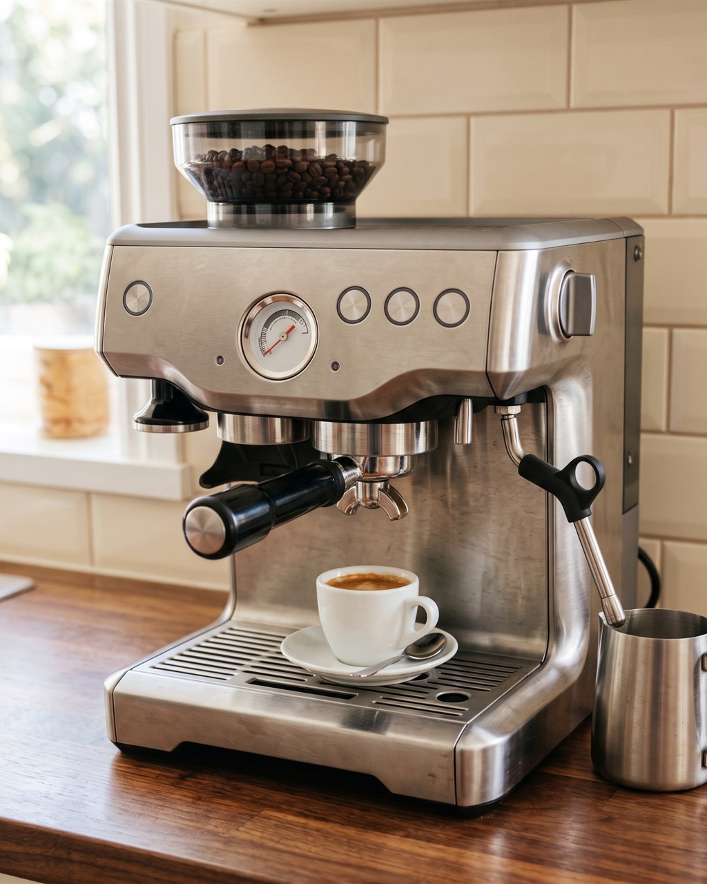 A Breville Barista Express with its bean hopper full on a wood counter in morning light, a filled portafilter locked in and a latte beside it.