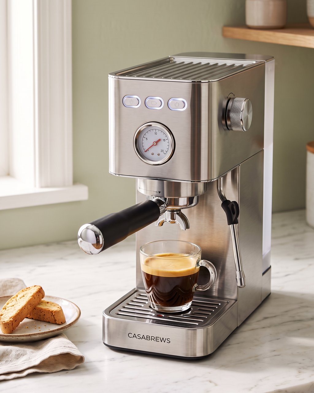 A stainless CASABREWS CM5418 espresso machine with a pressure gauge on a marble counter, a glass cup of espresso on the drip tray and biscotti beside it.