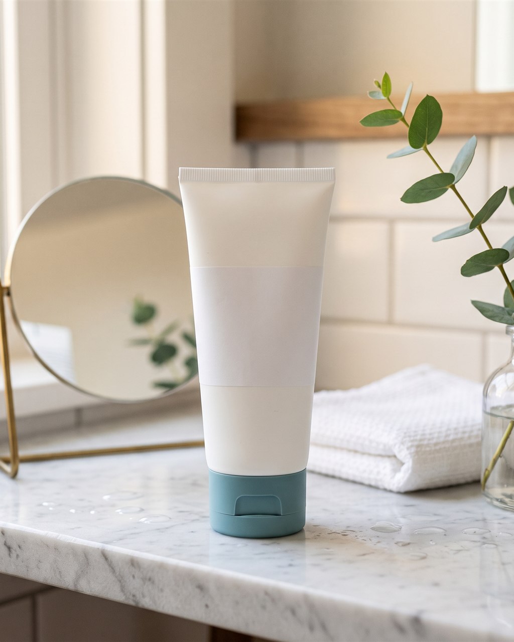 A white tube of CeraVe AM moisturizer with a blue-green cap on a marble bathroom shelf beside a round mirror, a washcloth and eucalyptus.