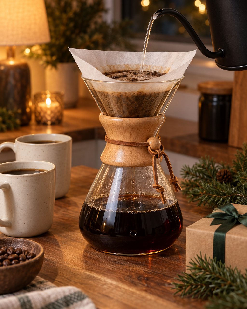 A Chemex 8-cup glass pour-over coffeemaker with a wood collar on a wood counter at night, a kettle pouring, two mugs and a small wrapped gift beside it.