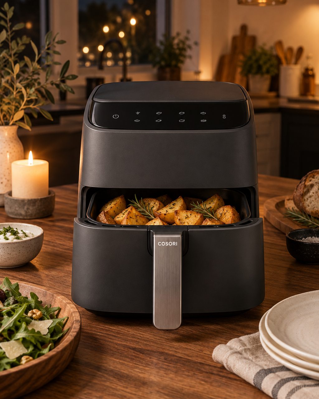 A dark gray Cosori TurboBlaze air fryer on a kitchen counter at night, basket open with roasted vegetables, warm lamp light and a stack of plates beside it.