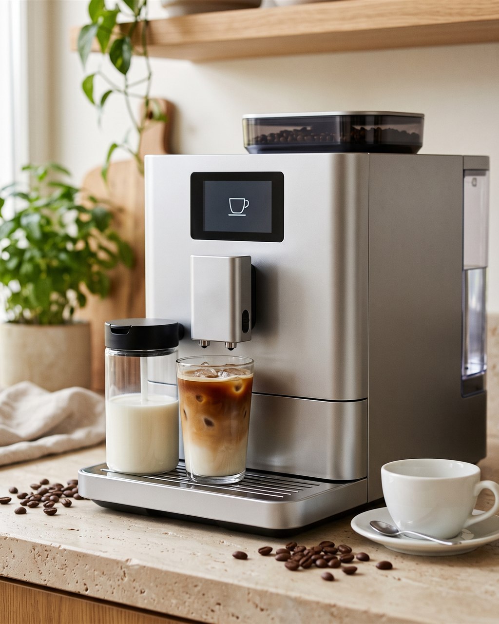 A silver De'Longhi Magnifica Duo on a kitchen counter with an iced latte under its spout and a hot cappuccino beside it, morning light from a window.
