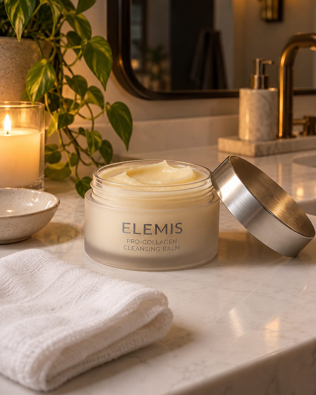 An ELEMIS Pro-Collagen Cleansing Balm jar on a bathroom counter at night beside a folded muslin cloth, a small plant and warm lamp light.