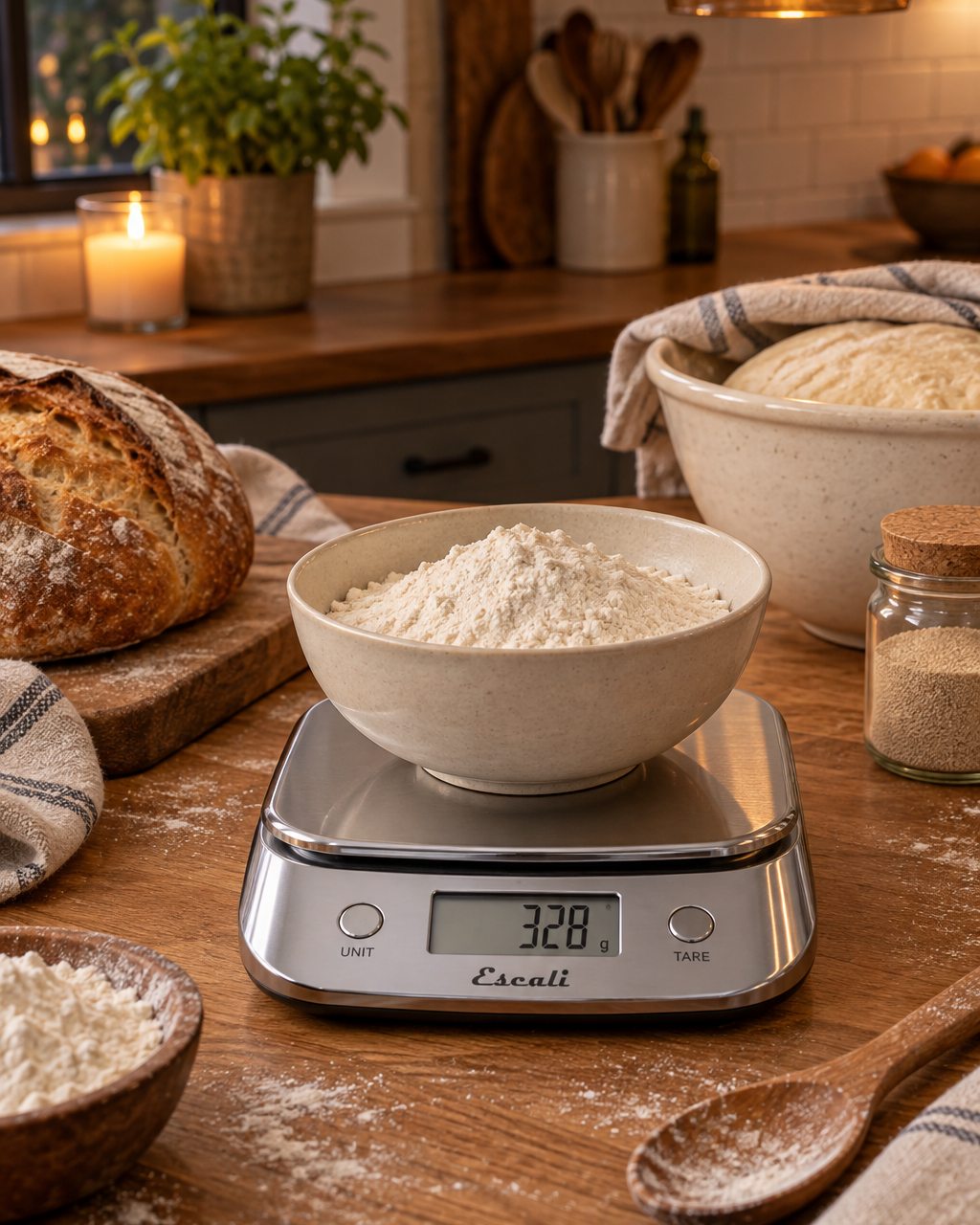 An Escali Primo digital kitchen scale on a floured counter at night with a bowl of dough, a loaf and a warm lamp.