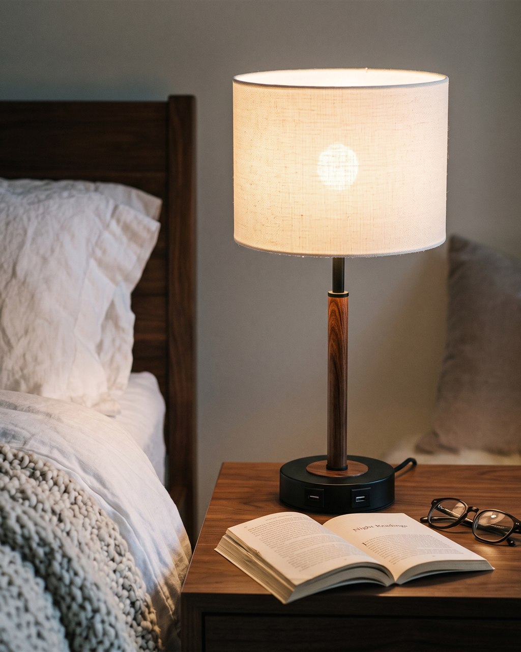 A small bedside lamp with a cream fabric shade glowing warm on a walnut nightstand beside a bed, an open paperback and reading glasses.