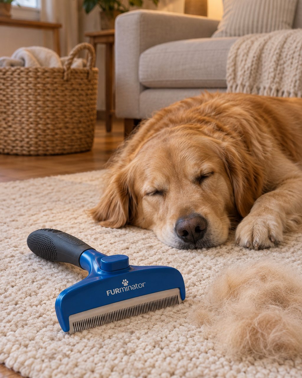 A FURminator deShedding tool on a living room rug at night beside a sleeping golden retriever, a lamp and a clean couch.