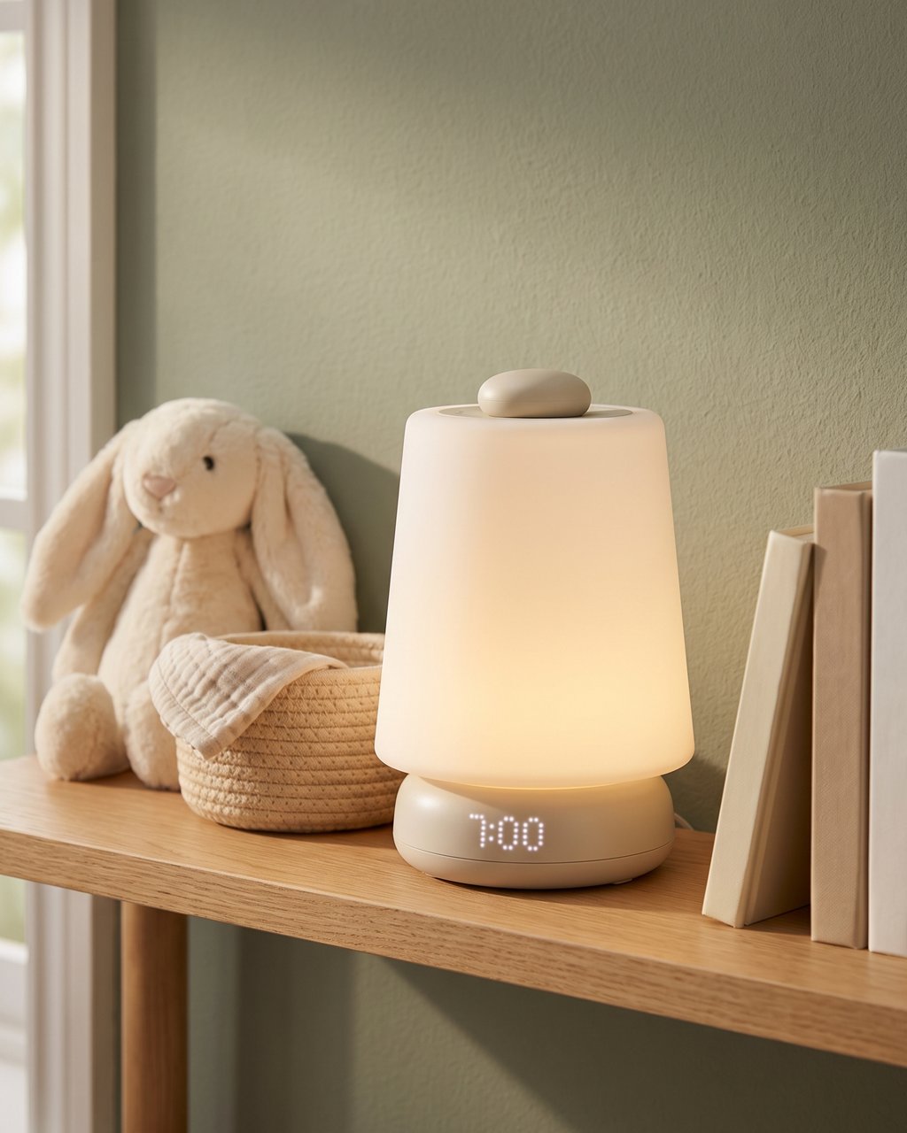 A Hatch Baby sound machine and night light in putty, glowing on a wooden nursery shelf with its clock showing 7:00, beside a plush bunny, a woven basket and books.
