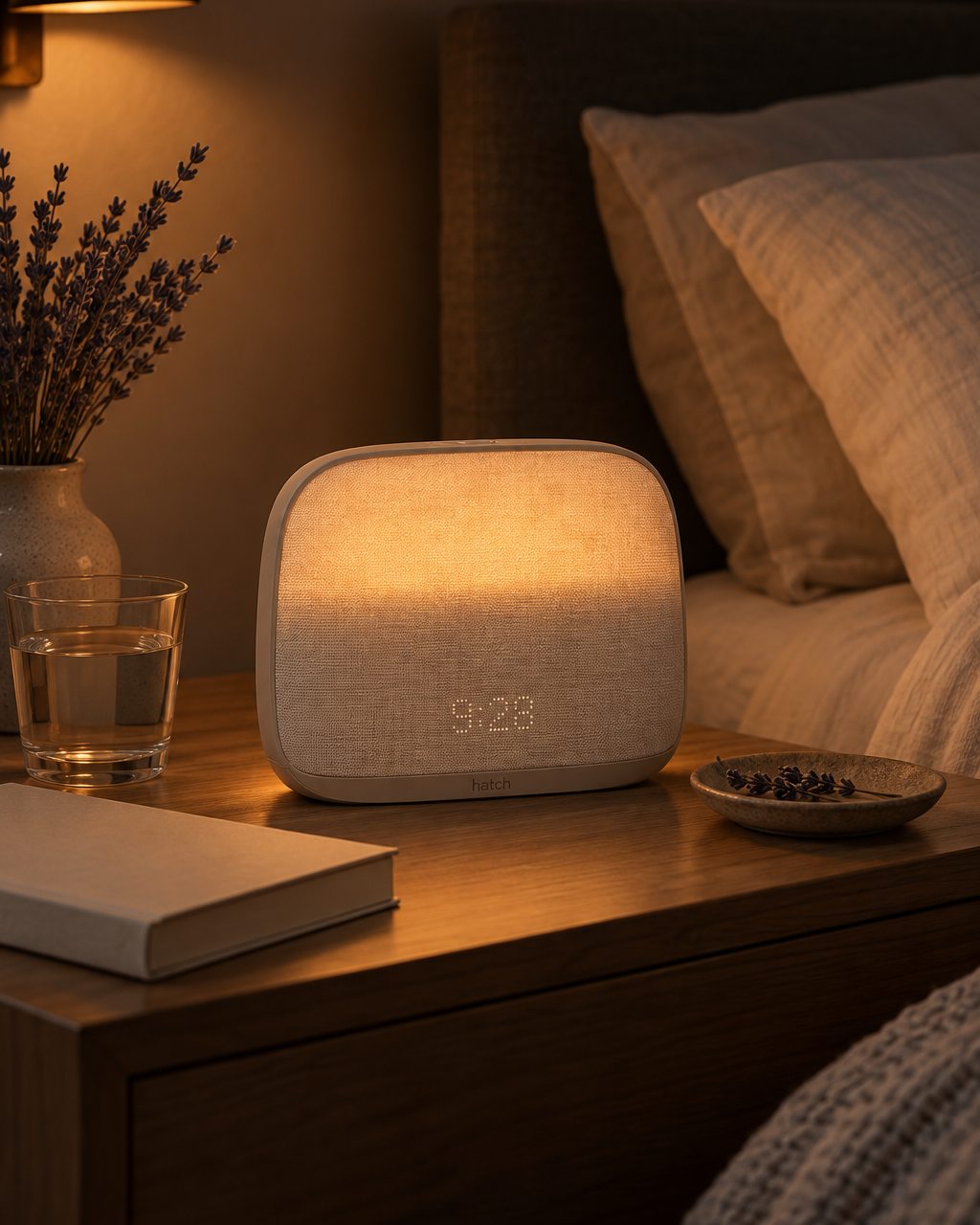 A Hatch Restore 3 glowing soft amber on a nightstand at night beside a bed, a book and a glass of water.