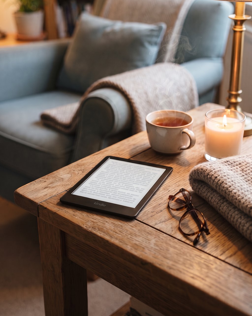 A black Kindle Paperwhite on a wooden side table beside a cup of tea, a lit candle, reading glasses and a knit throw, with a blue armchair behind.