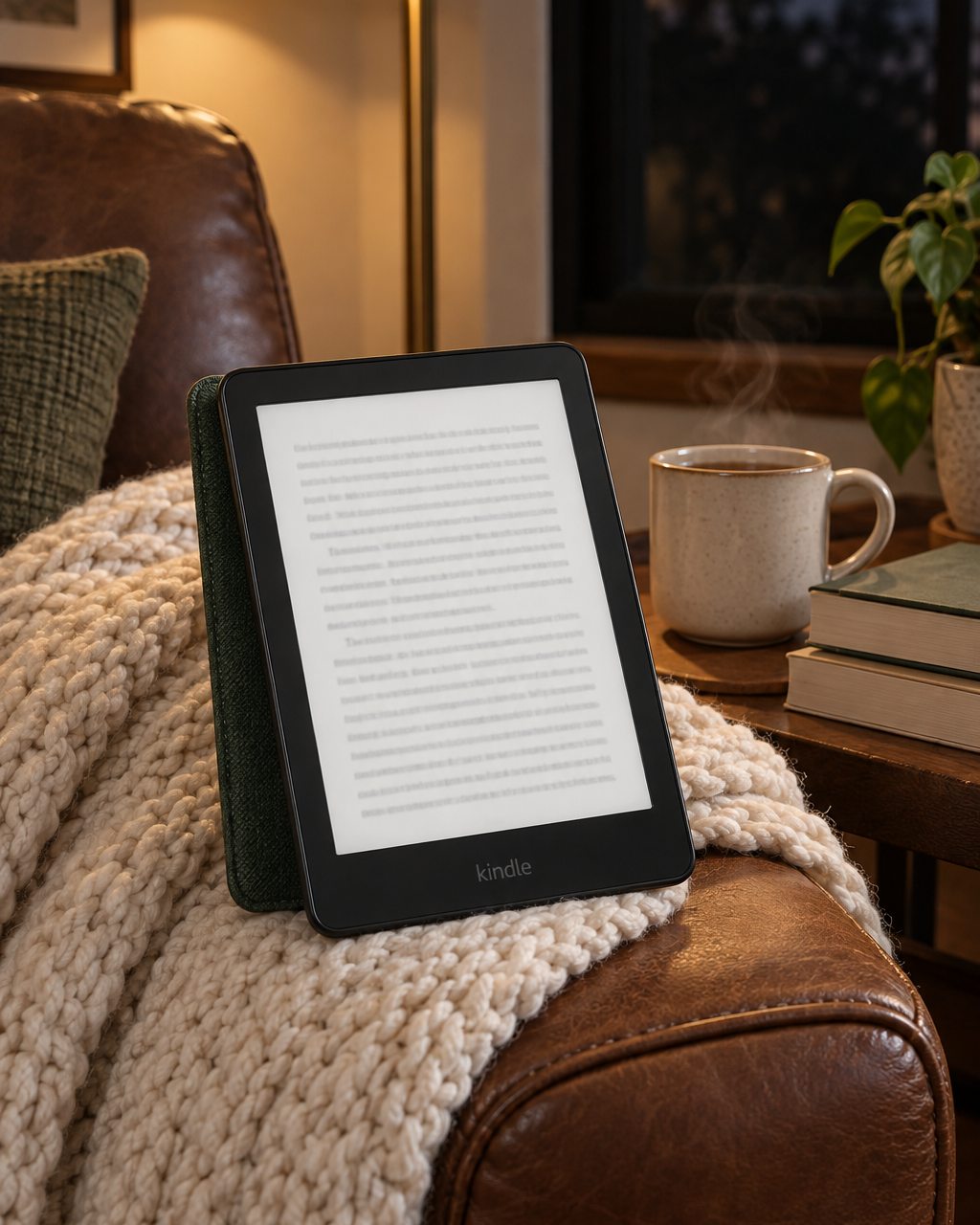 A Kindle Paperwhite in a fabric cover, folded open on a reading chair at night with a throw blanket, a mug and a lamp.