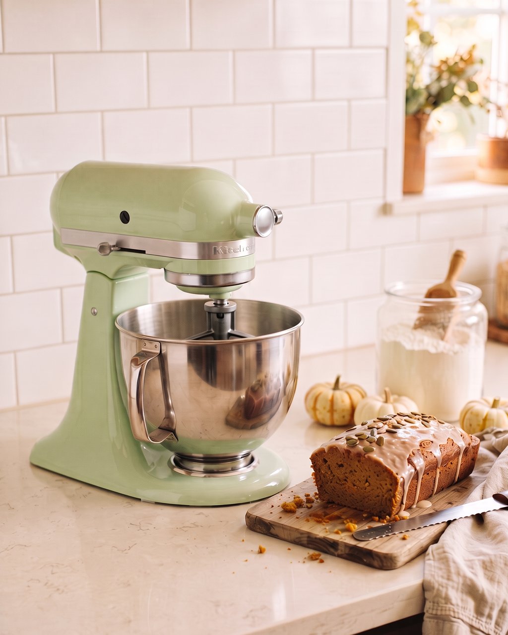 A pistachio-green KitchenAid Artisan tilt-head stand mixer with a stainless bowl on a cream quartz counter beside a glazed pumpkin loaf and mini pumpkins.