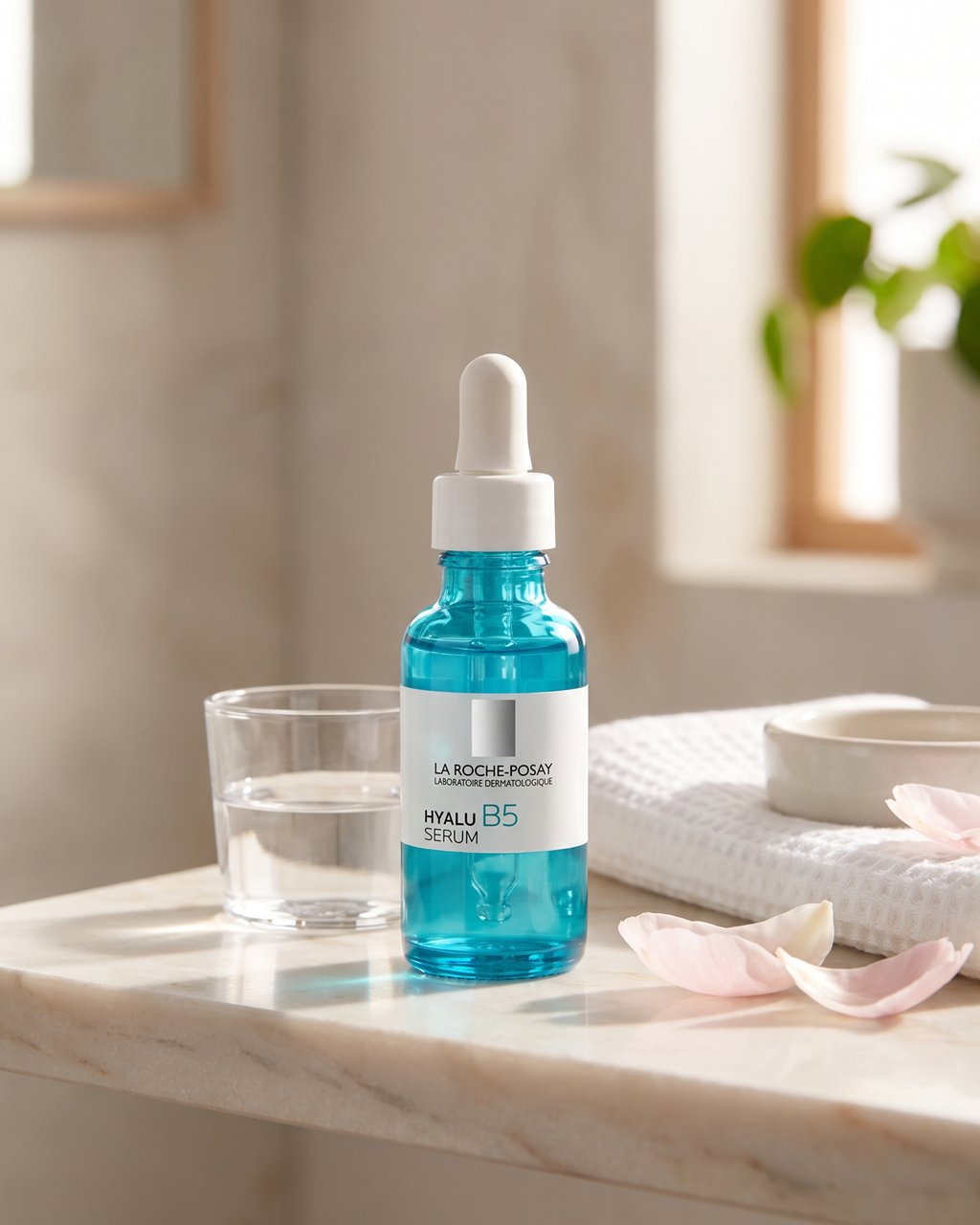 A La Roche-Posay Hyalu B5 serum dropper bottle on a marble bathroom shelf beside a glass of water, a waffle towel and peony petals.