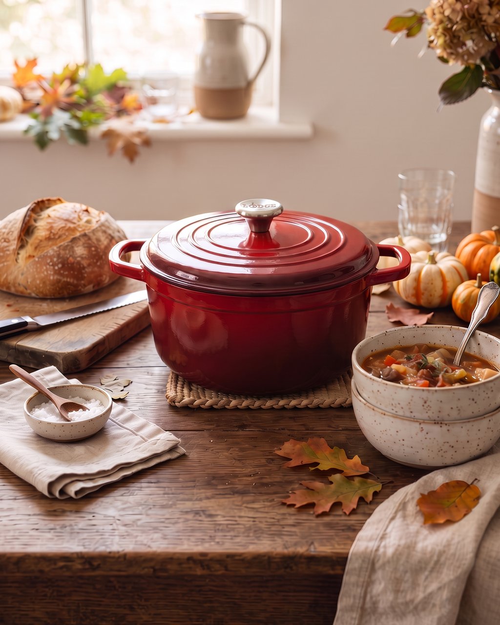A red Lodge enameled cast-iron Dutch oven with its lid on, on a rustic wooden table beside a crusty bread loaf, bowls of soup and small pumpkins.