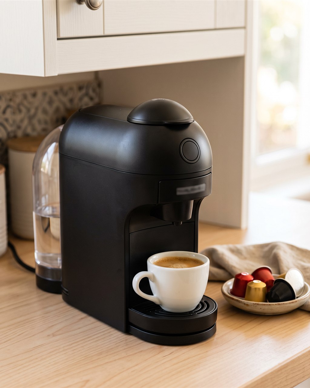 A black Nespresso Vertuo Pop+ under a kitchen cabinet with a fresh cup of coffee with crema in front of it and a small basket of capsules beside it.