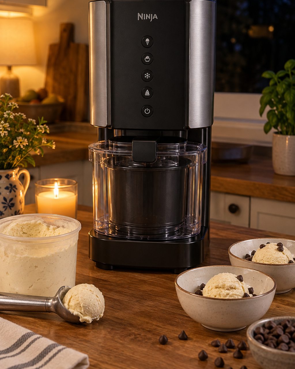 A Ninja CREAMi ice cream maker on a kitchen counter at night with a pint of homemade ice cream, two bowls and a scoop, under warm lamp light.