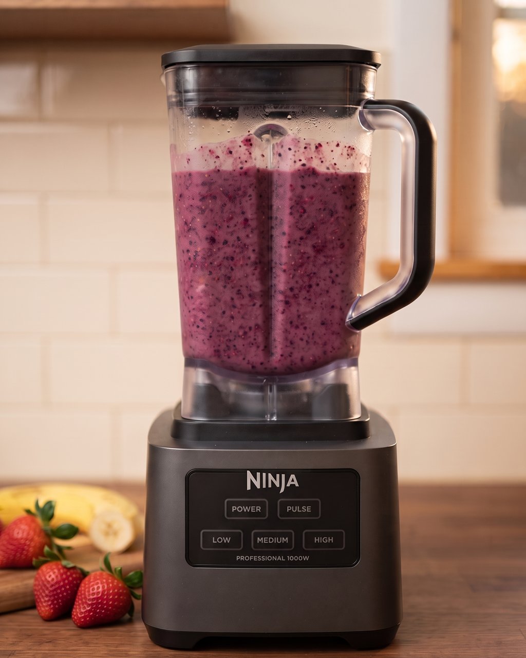 A Ninja Professional blender full of berry smoothie, NINJA and its button labels on the charcoal base, on a walnut counter with strawberries.