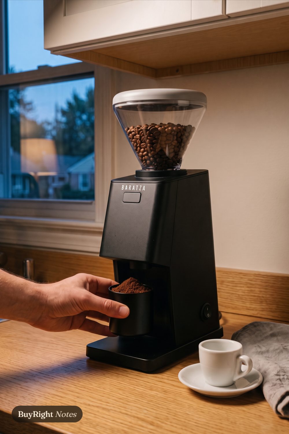 A hand lifts the black dosing cup full of fresh espresso grounds from a Baratza Encore ESP grinder on an oak counter at dawn, a white espresso cup beside it.