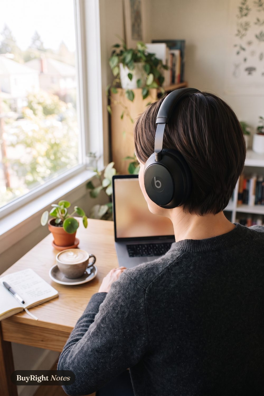 A person seen from behind wears black Beats Studio Pro headphones while working at a laptop on a sunny home-office desk with a latte and a plant.