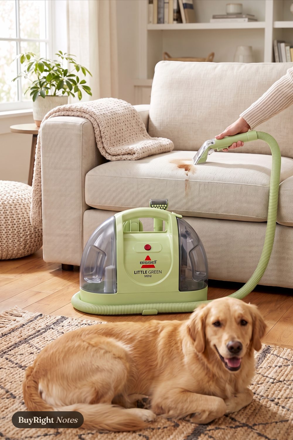 A hand guides the hose tool of a BISSELL Little Green Mini over a coffee spill on a beige sofa while a golden retriever rests on the rug.