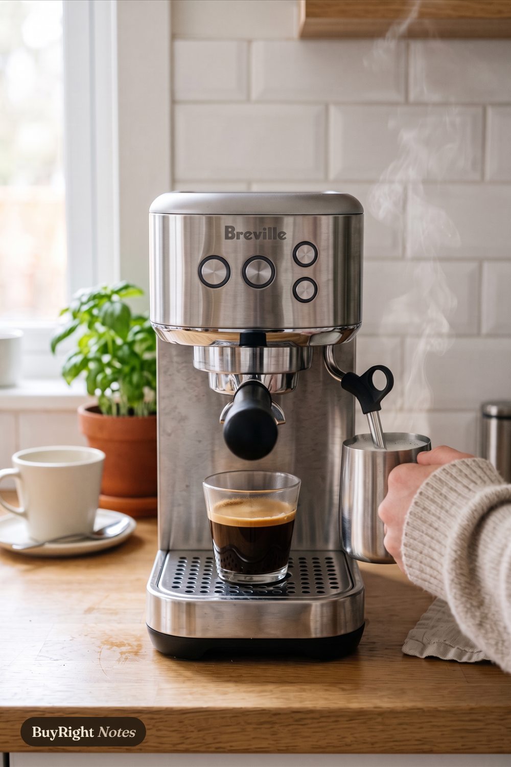 A hand holds a steel milk pitcher under the steam wand of a Breville Bambino espresso machine while a fresh espresso sits in a glass cup on the drip tray, basil and a cream cup nearby.