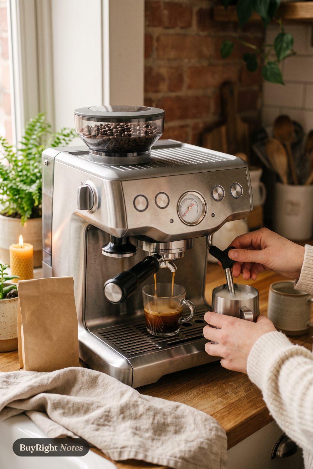 A Breville Barista Express with its bean hopper full on a wood counter, a shot pouring into a glass while hands steam milk in a small steel jug, a candle and a plant beside it.