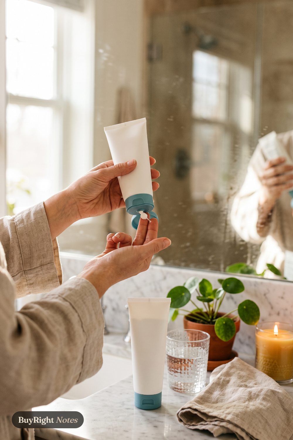 Hands squeeze a dab of white lotion from a CeraVe AM SPF 30 tube in front of a bathroom mirror, a second tube standing on the marble counter beside a glass of water and a small plant.