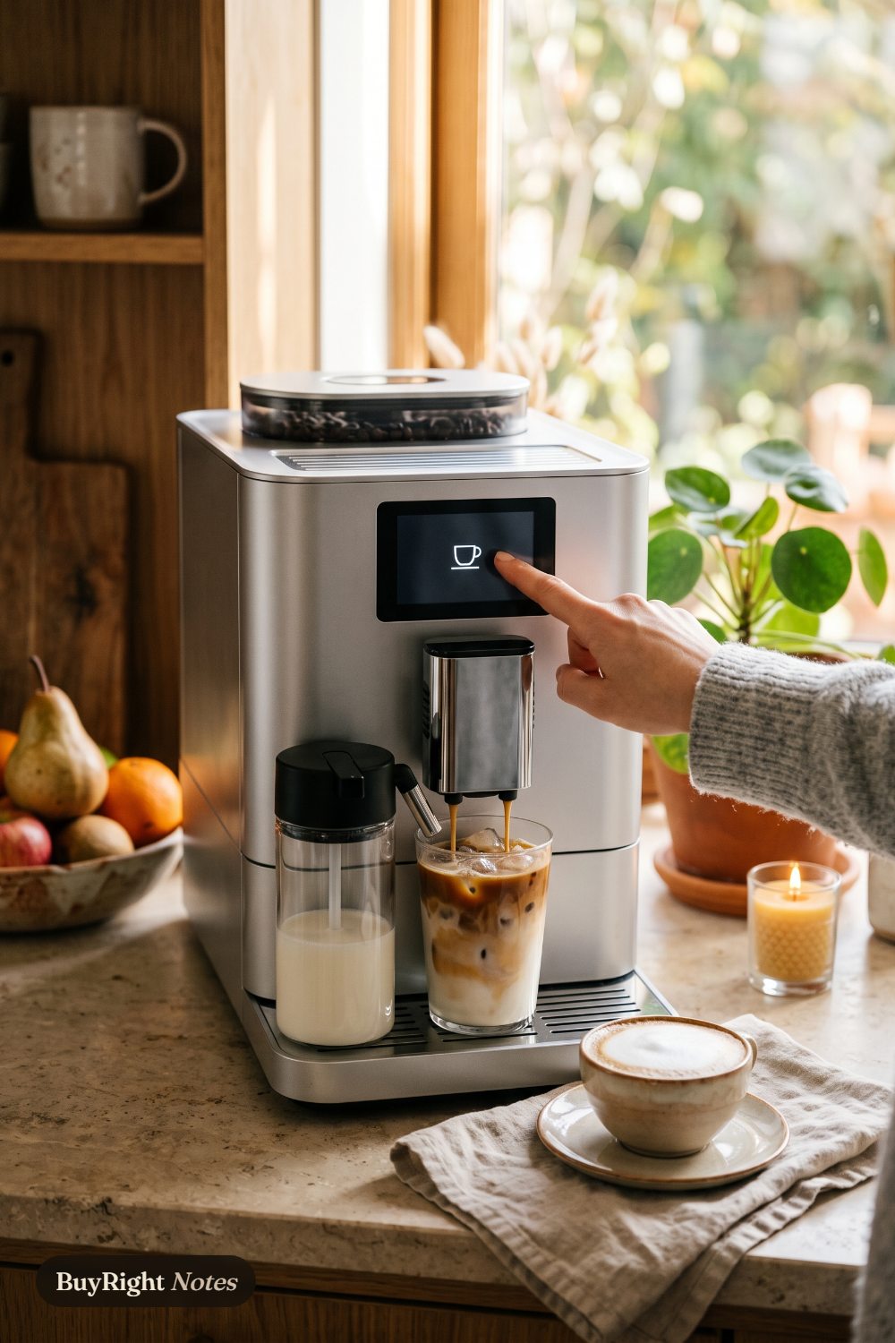 A silver De'Longhi Magnifica Duo on a kitchen counter as a hand touches its screen, an iced latte filling a tall glass under the spout, a cappuccino and a fruit bowl beside it.
