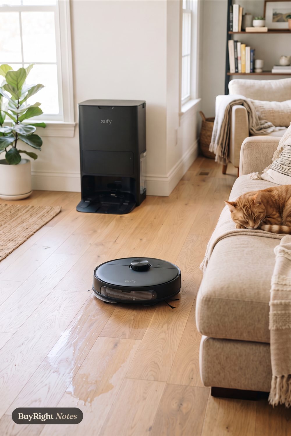 A eufy E25 robot vacuum glides across a sunny oak living room floor past a sofa where a cat naps, its tall eufy dock against the wall.