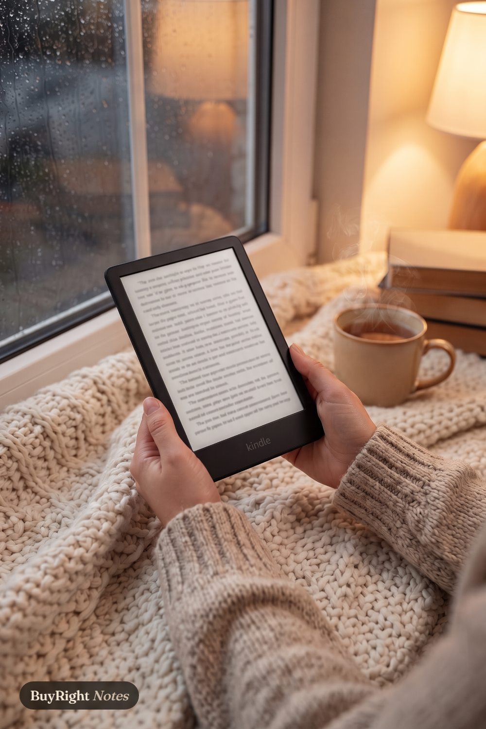 Hands in a knit sweater hold a Kindle Paperwhite over a chunky knit blanket on a rainy-day window seat, with a warm lamp, a mug of tea and a stack of books.