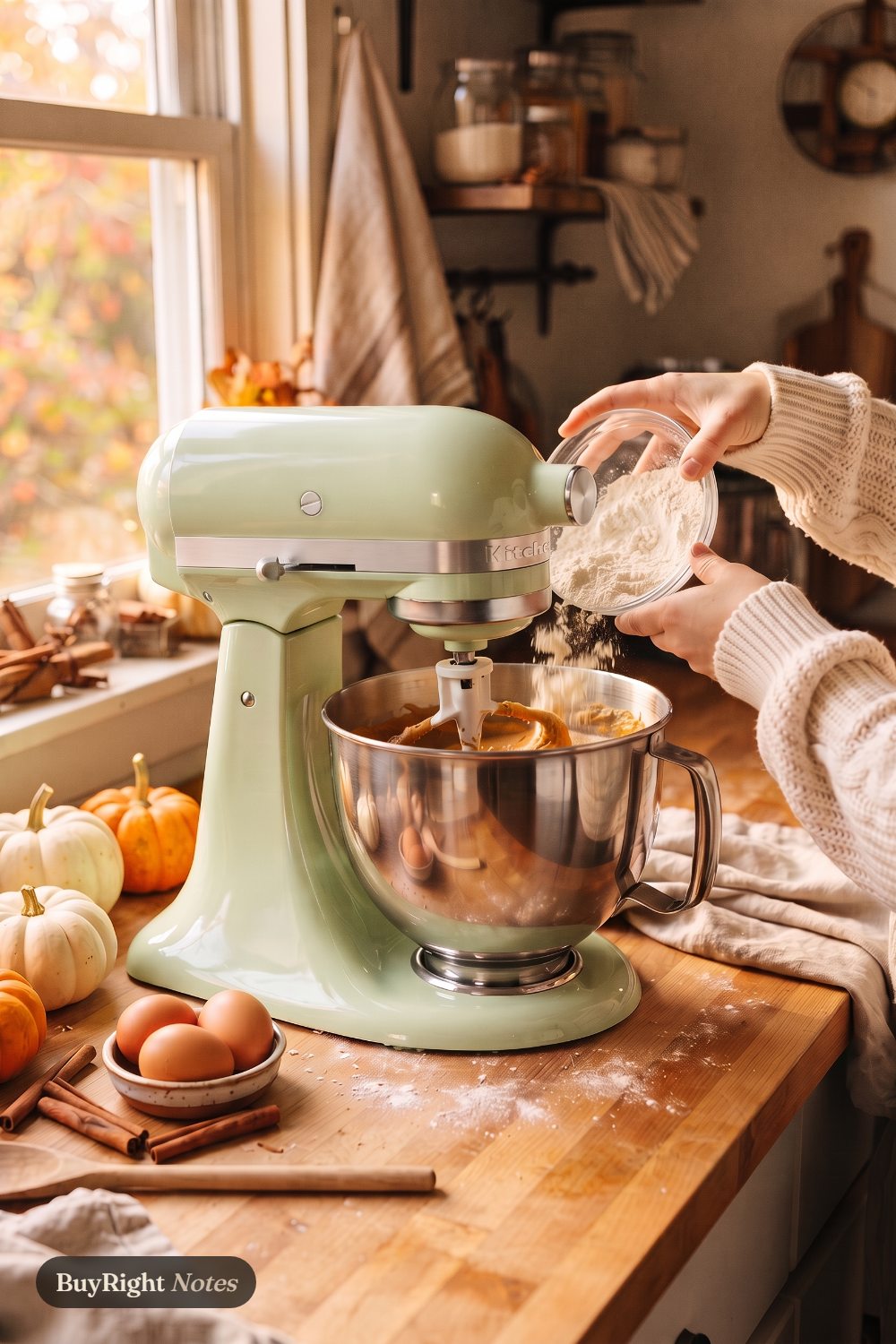 Hands in a cream sweater pour flour into a pistachio KitchenAid Artisan stand mixer mixing pumpkin batter on a butcher-block counter with mini pumpkins, cinnamon sticks and eggs.