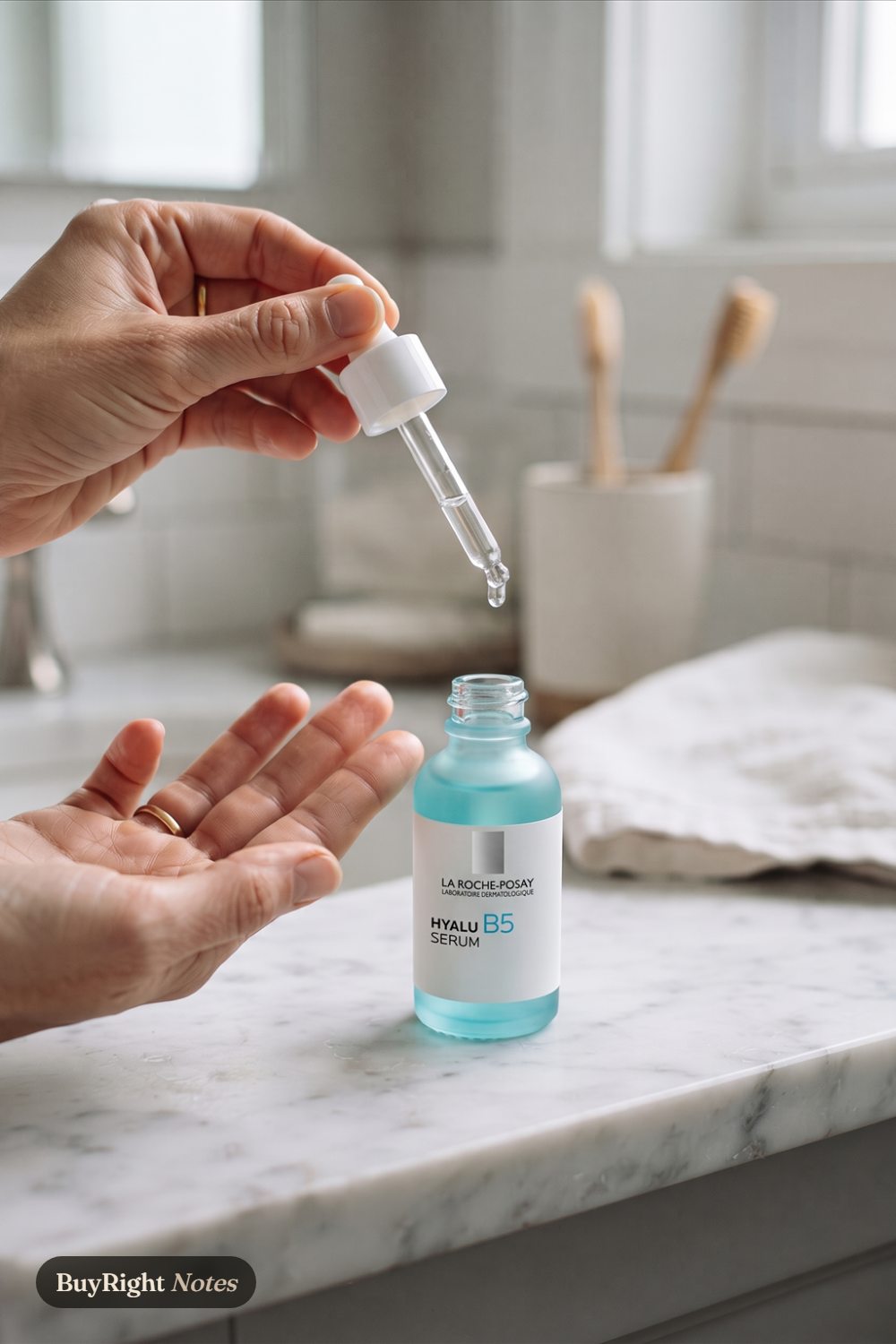 A hand releases one drop from a dropper above open fingertips, beside a La Roche-Posay Hyalu B5 serum bottle on a marble counter.