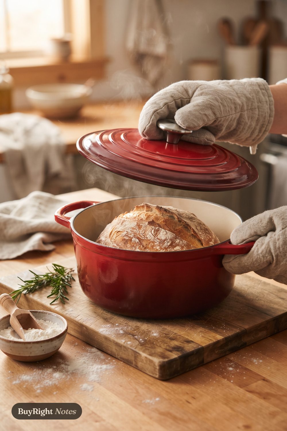 Oven-mitted hands lift the lid off a red Lodge enameled Dutch oven on a wooden board, revealing a golden crusty loaf of homemade bread, with rosemary and a bowl of flour nearby.
