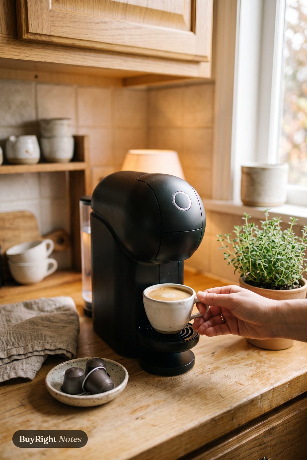 A black Nespresso Vertuo Pop+ under a wood kitchen cabinet as a hand lifts a fresh cup of coffee with crema off its drip tray, a dish of capsules and a potted herb beside it.