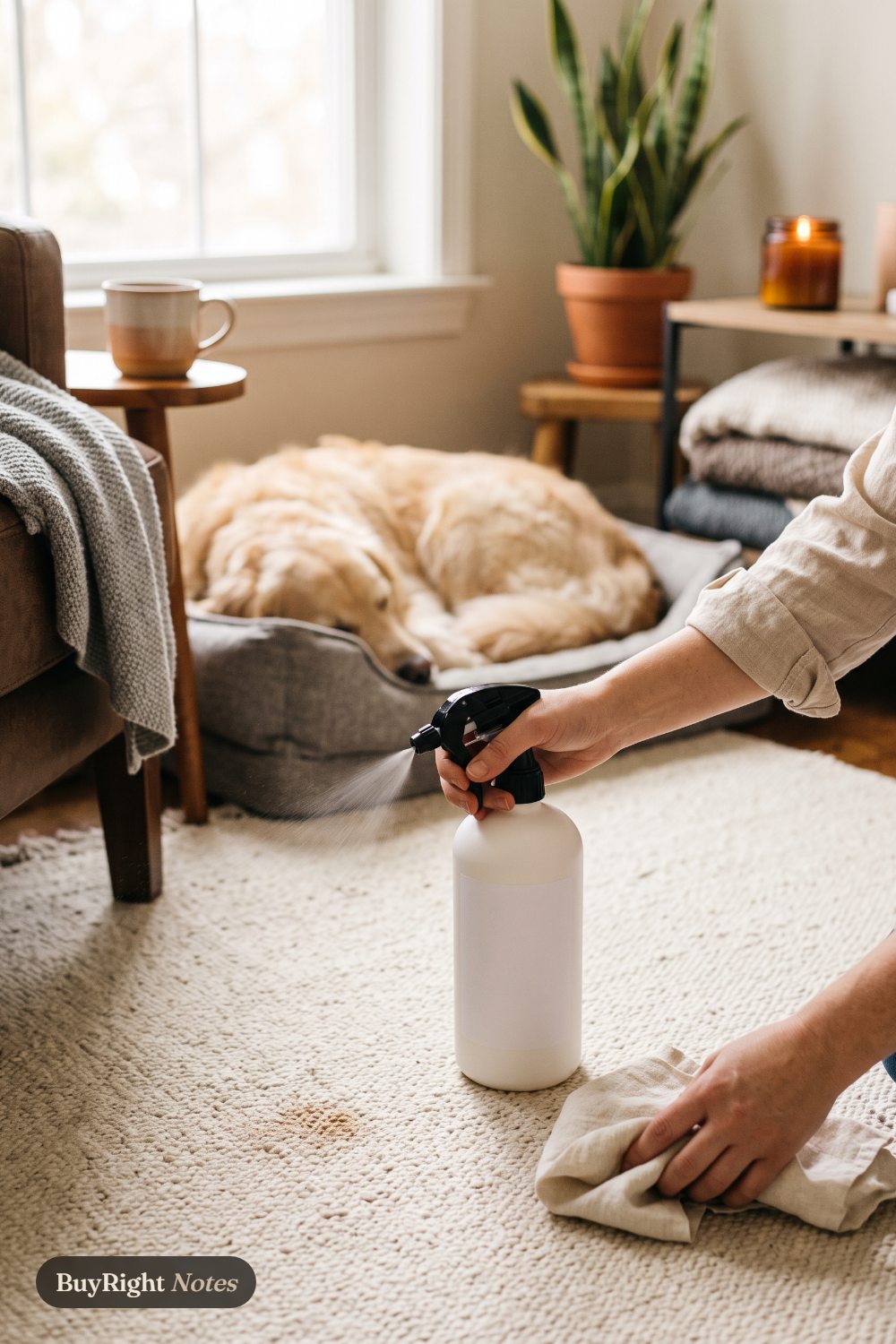 A hand sprays a white 32 oz bottle of Rocco & Roxie enzyme cleaner onto a spot on a cream rug beside a couch while a golden retriever sleeps on its bed in the background.