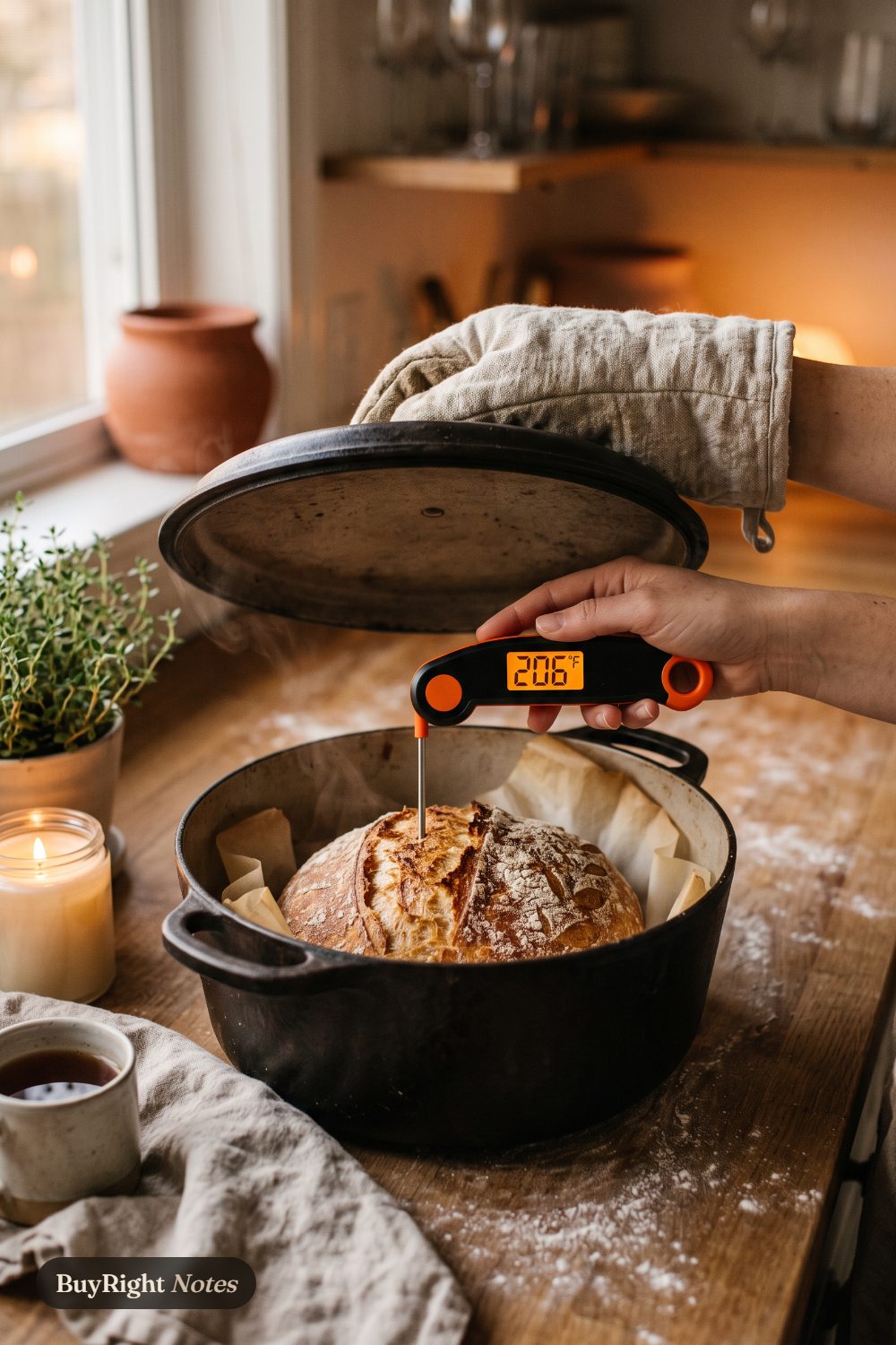 A hand holds a folding TempPro instant-read thermometer with an orange accent, its probe in a crusty loaf of bread inside a black Dutch oven, an oven mitt lifting the lid.