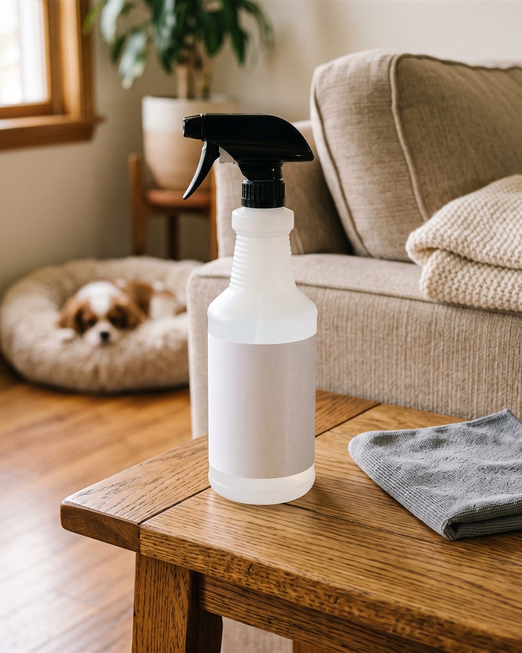 A white 32 oz spray bottle with a black trigger on a wood side table beside a beige couch with a folded throw and a rolled cloth.