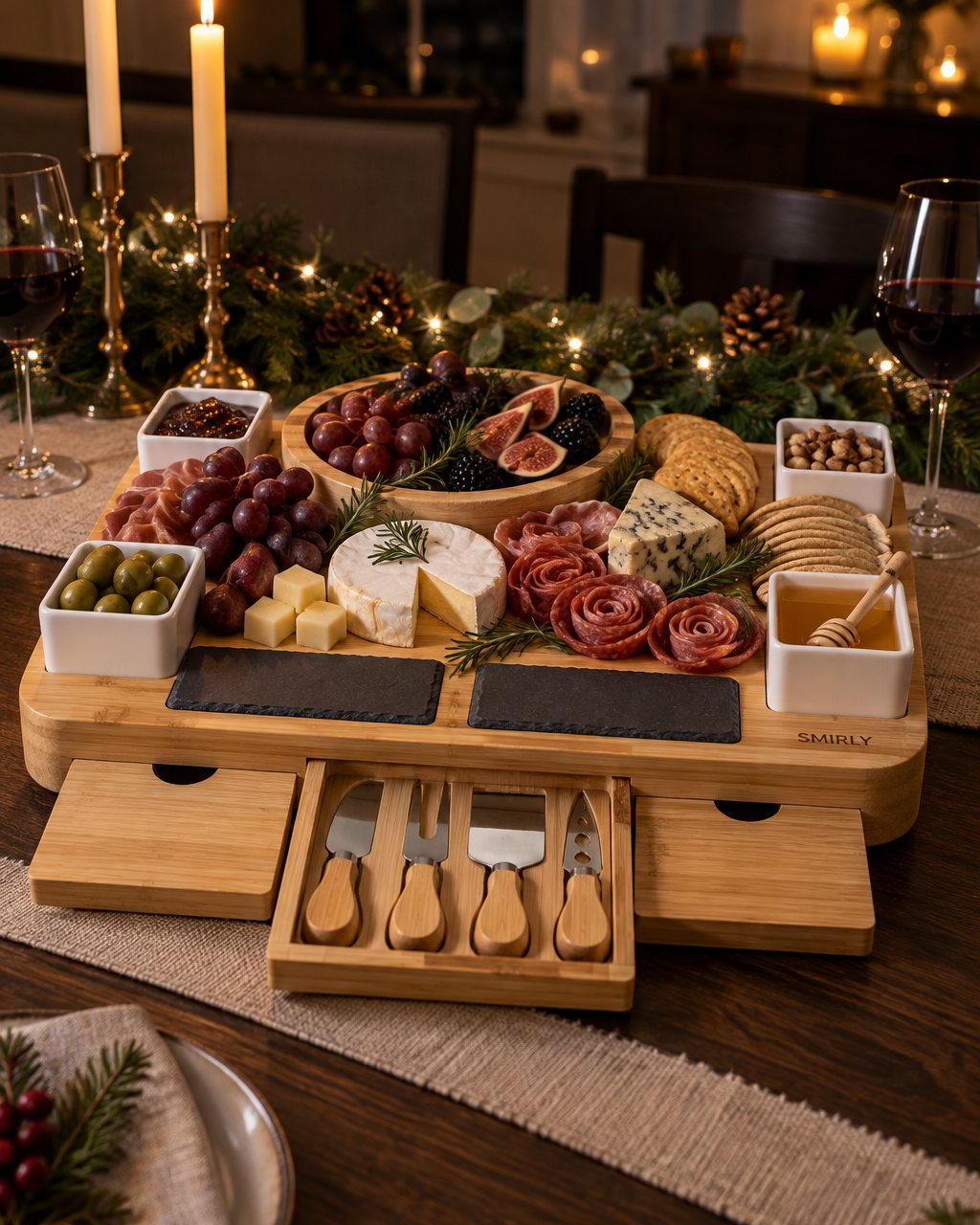 A SMIRLY bamboo charcuterie board set on a dining table at night, laid with cheese, grapes and crackers, drawers open, candles and a garland behind it.