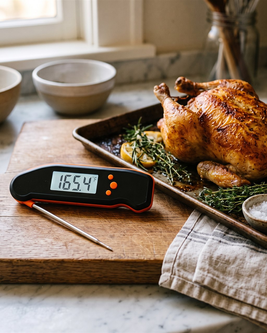 A folding instant-read thermometer with an orange accent lying on a wooden board beside a resting roast chicken, thyme and salt.
